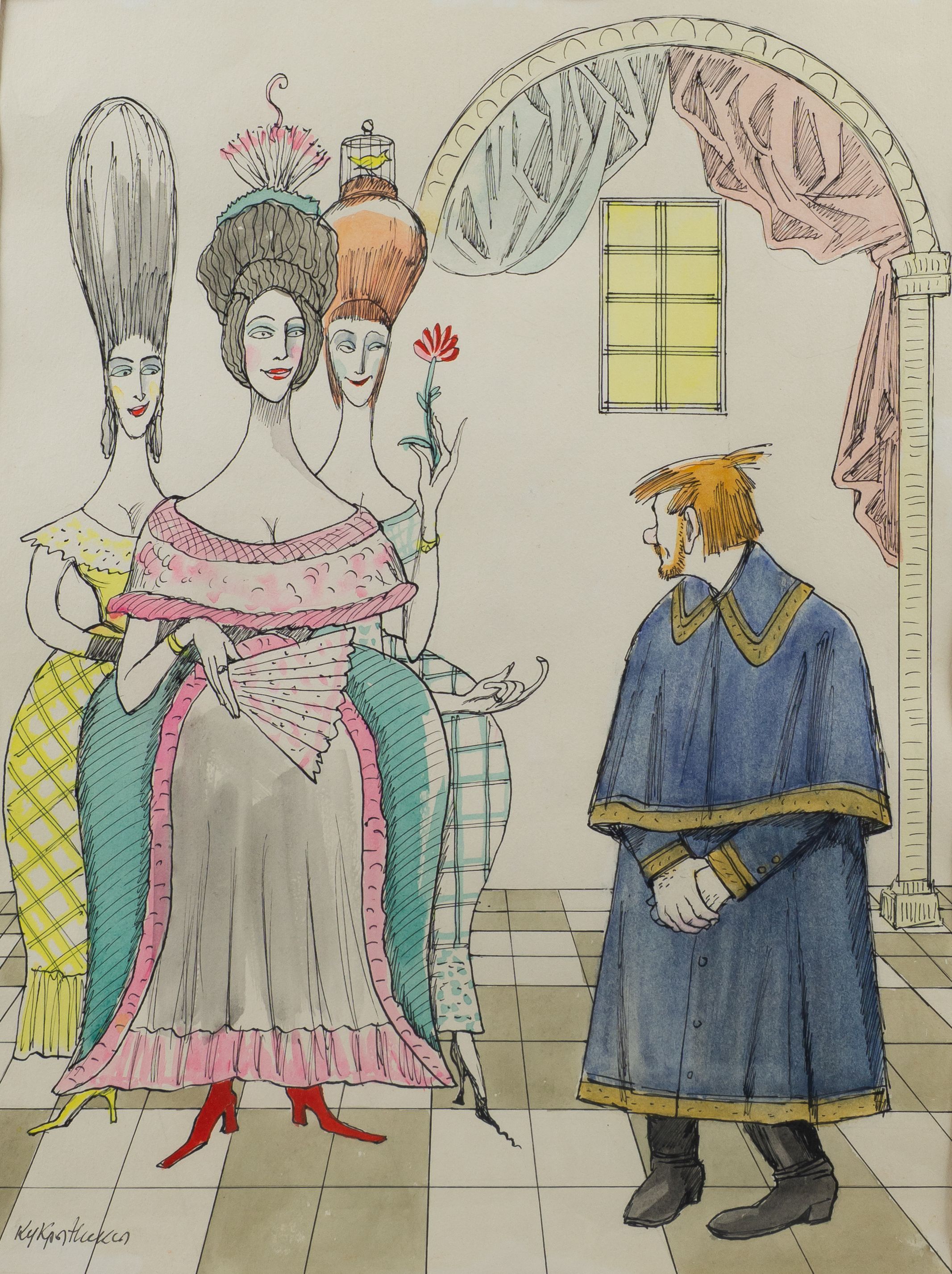 (Кукрыниксы в подарок зам. министра культуры СССР В.С. Кеменову) Кукрыниксы, Эскиз к иллюстрации книги Н.С. Лескова «Левша». 1978